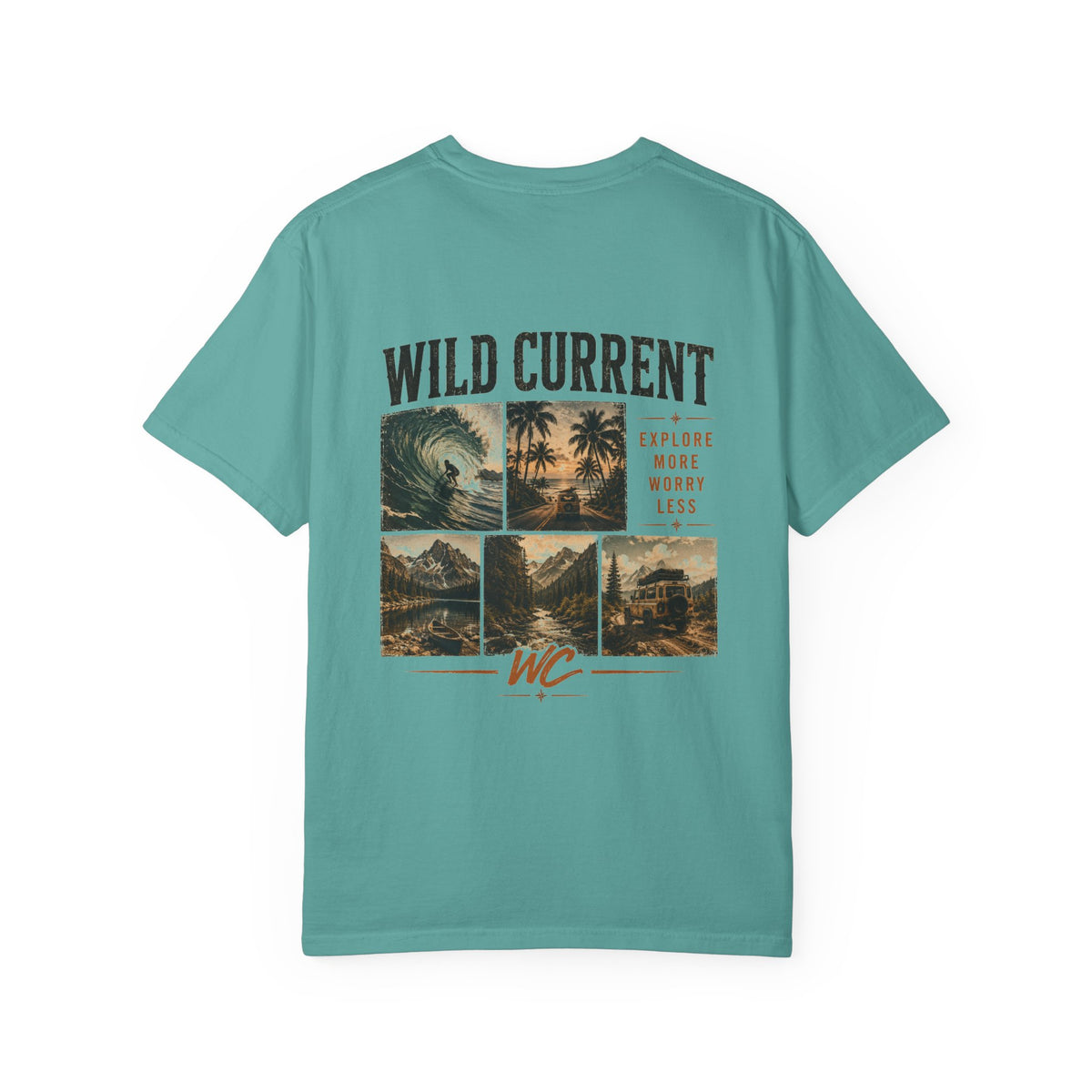Wild Current Surf Vibes T‑Shirt — 'Explore More Worry Less' Graphic Tee