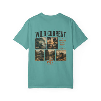 Wild Current Surf Vibes T‑Shirt — 'Explore More Worry Less' Graphic Tee