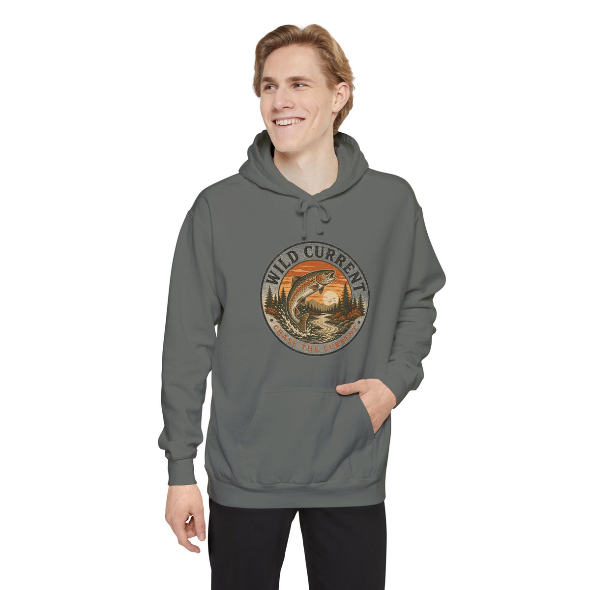 Wild Current Hoodie — Vintage Salmon Fishing Graphic