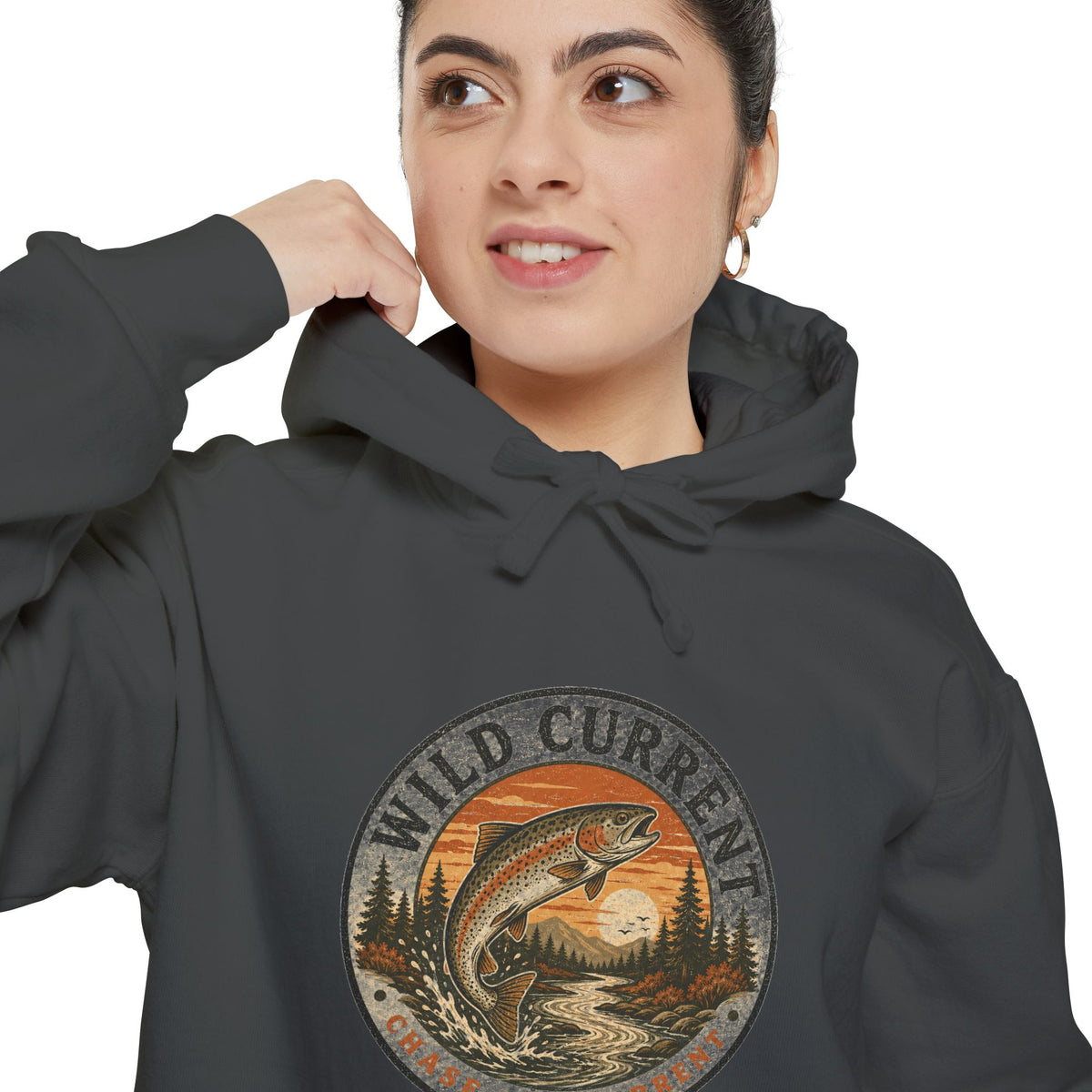 Wild Current Hoodie — Vintage Salmon Fishing Graphic