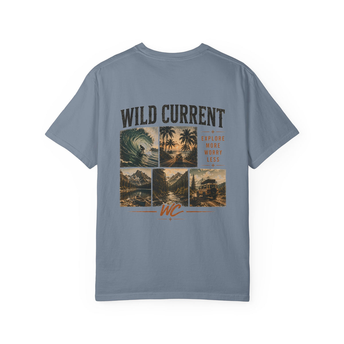 Wild Current Surf Vibes T‑Shirt — 'Explore More Worry Less' Graphic Tee