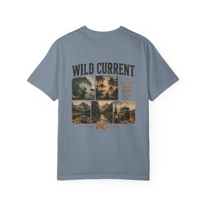 Wild Current Surf Vibes T‑Shirt — 'Explore More Worry Less' Graphic Tee