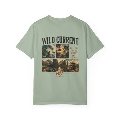 Wild Current Surf Vibes T‑Shirt — 'Explore More Worry Less' Graphic Tee