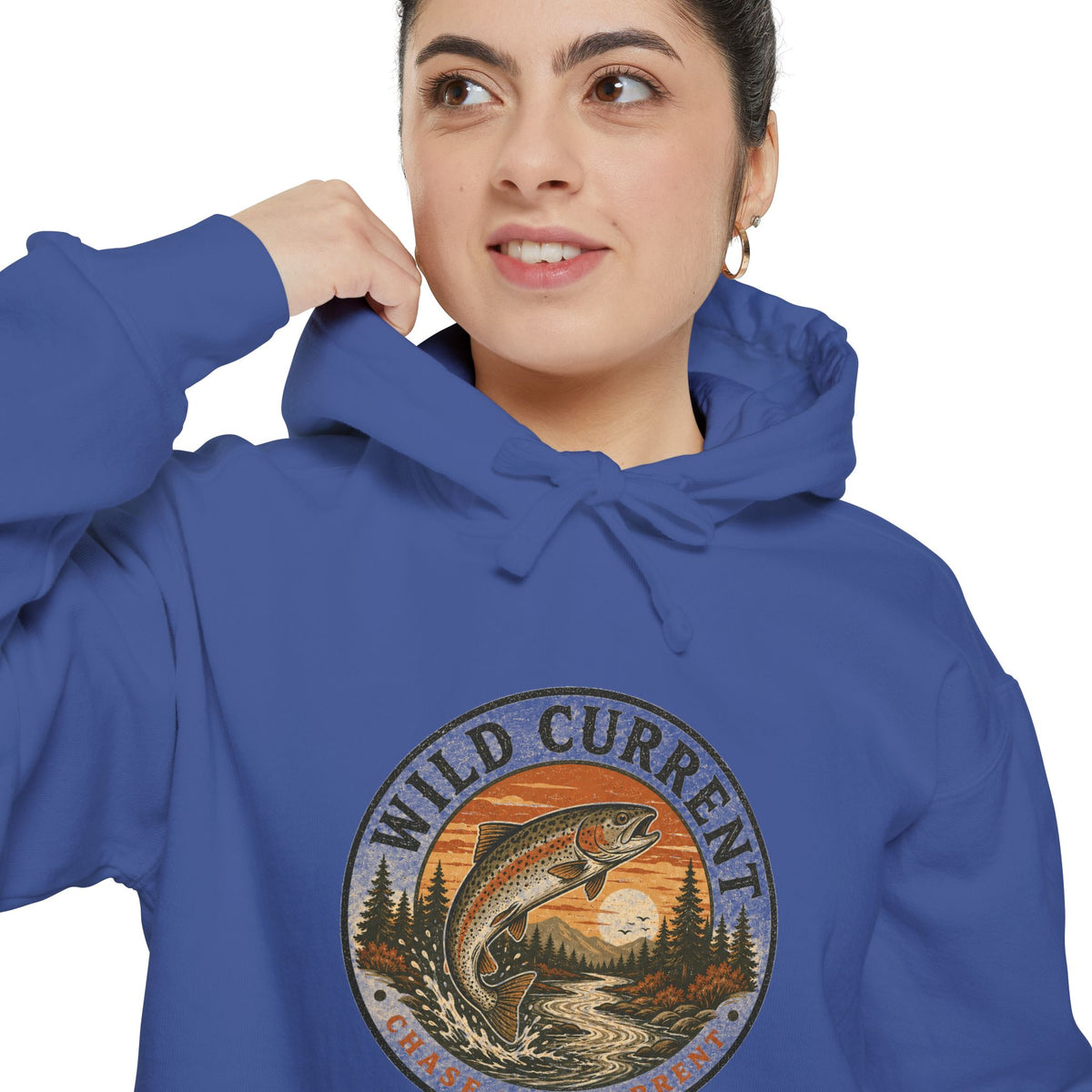 Wild Current Hoodie — Vintage Salmon Fishing Graphic