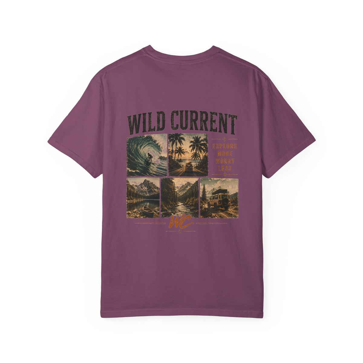 Wild Current Surf Vibes T‑Shirt — 'Explore More Worry Less' Graphic Tee