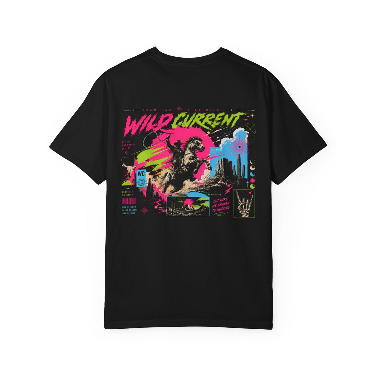 Wild Current Graphic T-Shirt — Retro Surf Skate Art Front & Back