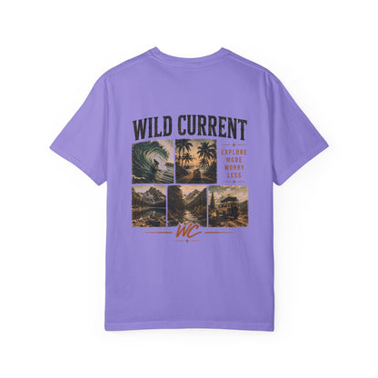 Wild Current Surf Vibes T‑Shirt — 'Explore More Worry Less' Graphic Tee