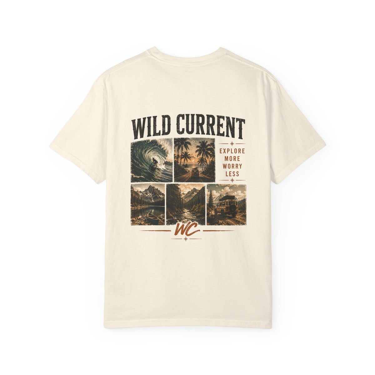 Wild Current Surf Vibes T‑Shirt — 'Explore More Worry Less' Graphic Tee