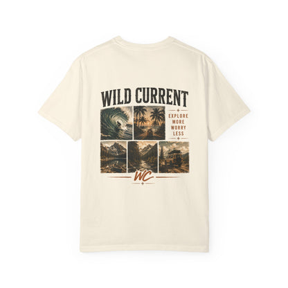 Wild Current Surf Vibes T‑Shirt — 'Explore More Worry Less' Graphic Tee