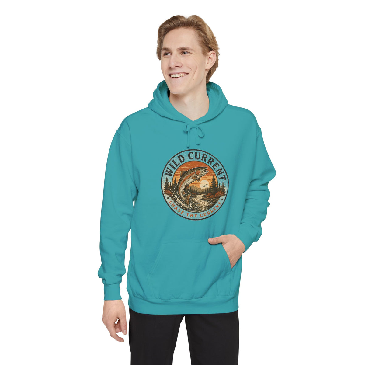 Wild Current Hoodie — Vintage Salmon Fishing Graphic