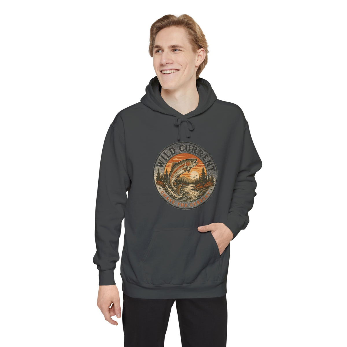 Wild Current Hoodie — Vintage Salmon Fishing Graphic