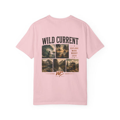 Wild Current Surf Vibes T‑Shirt — 'Explore More Worry Less' Graphic Tee