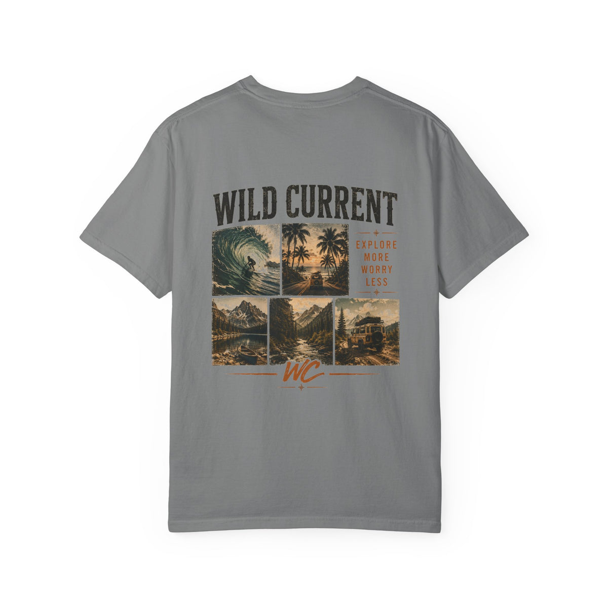 Wild Current Surf Vibes T‑Shirt — 'Explore More Worry Less' Graphic Tee