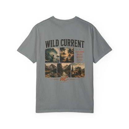 Wild Current Surf Vibes T‑Shirt — 'Explore More Worry Less' Graphic Tee