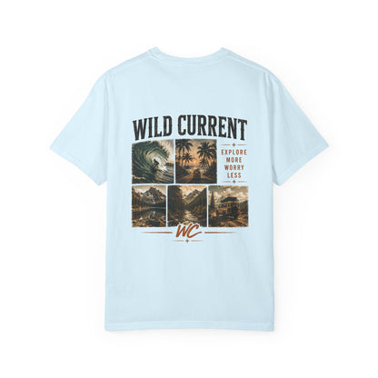 Wild Current Surf Vibes T‑Shirt — 'Explore More Worry Less' Graphic Tee