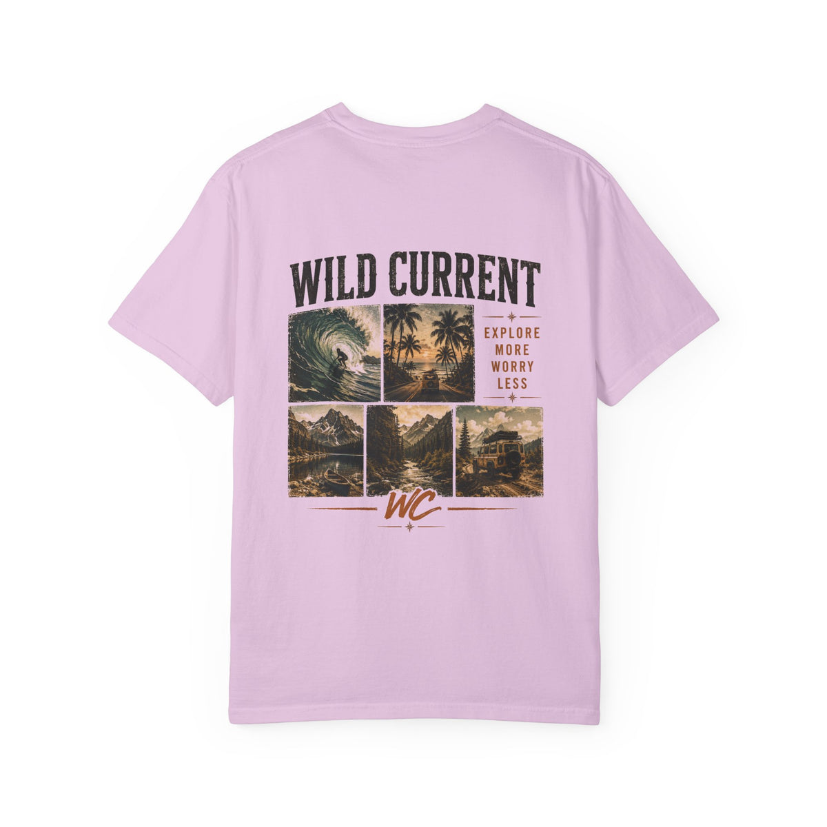 Wild Current Surf Vibes T‑Shirt — 'Explore More Worry Less' Graphic Tee