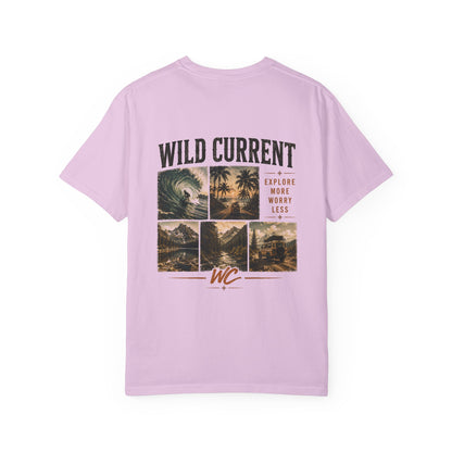 Wild Current Surf Vibes T‑Shirt — 'Explore More Worry Less' Graphic Tee