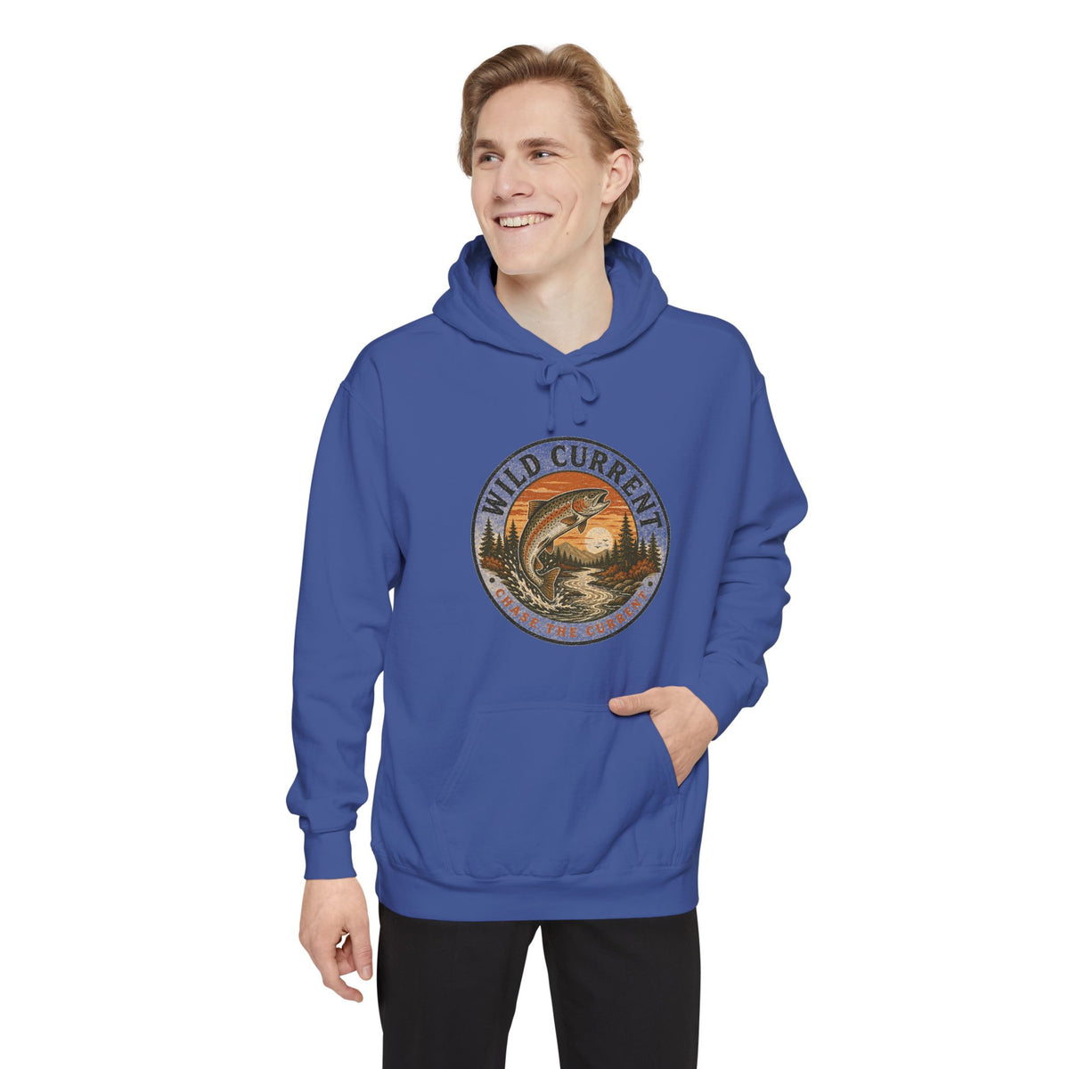 Wild Current Hoodie — Vintage Salmon Fishing Graphic