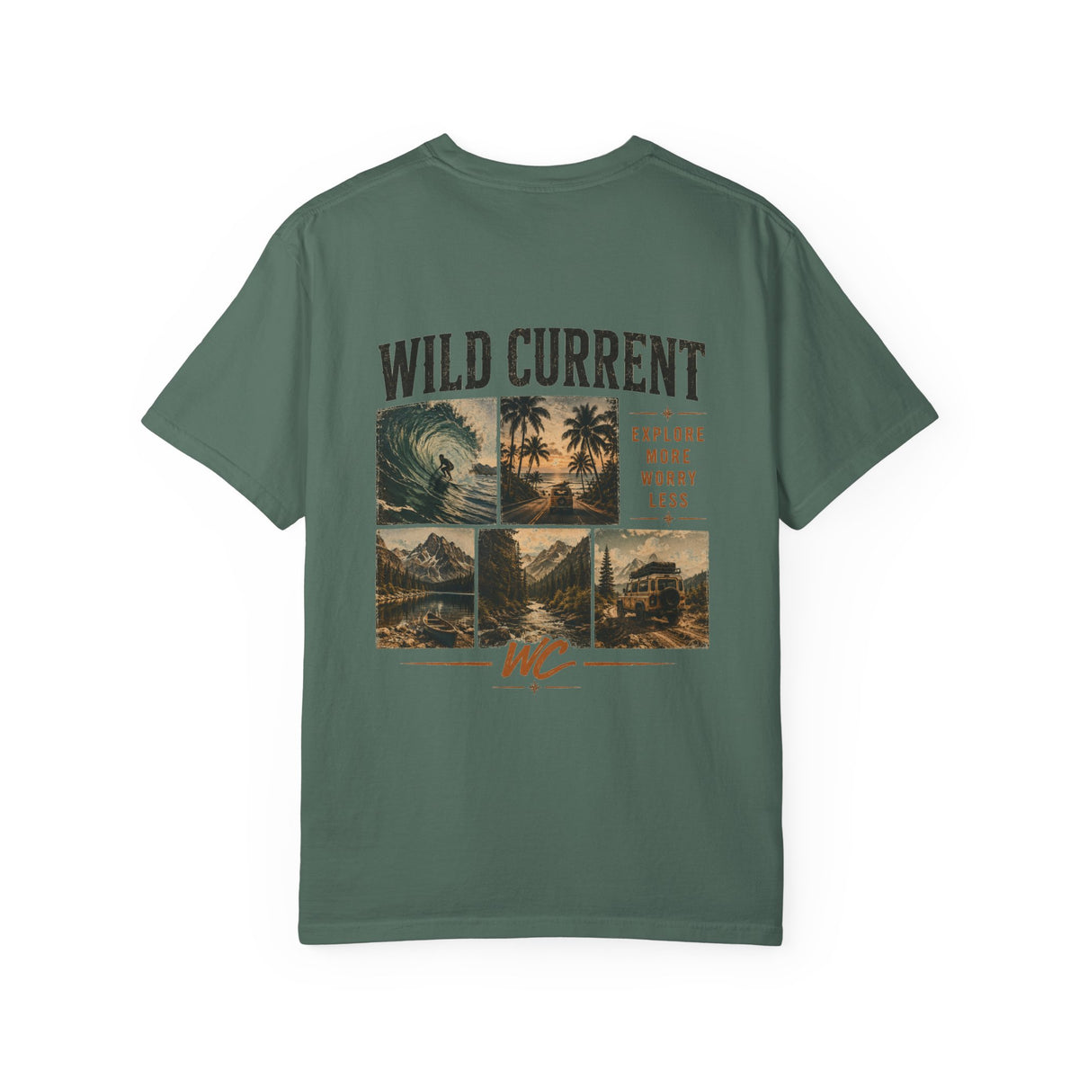 Wild Current Surf Vibes T‑Shirt — 'Explore More Worry Less' Graphic Tee