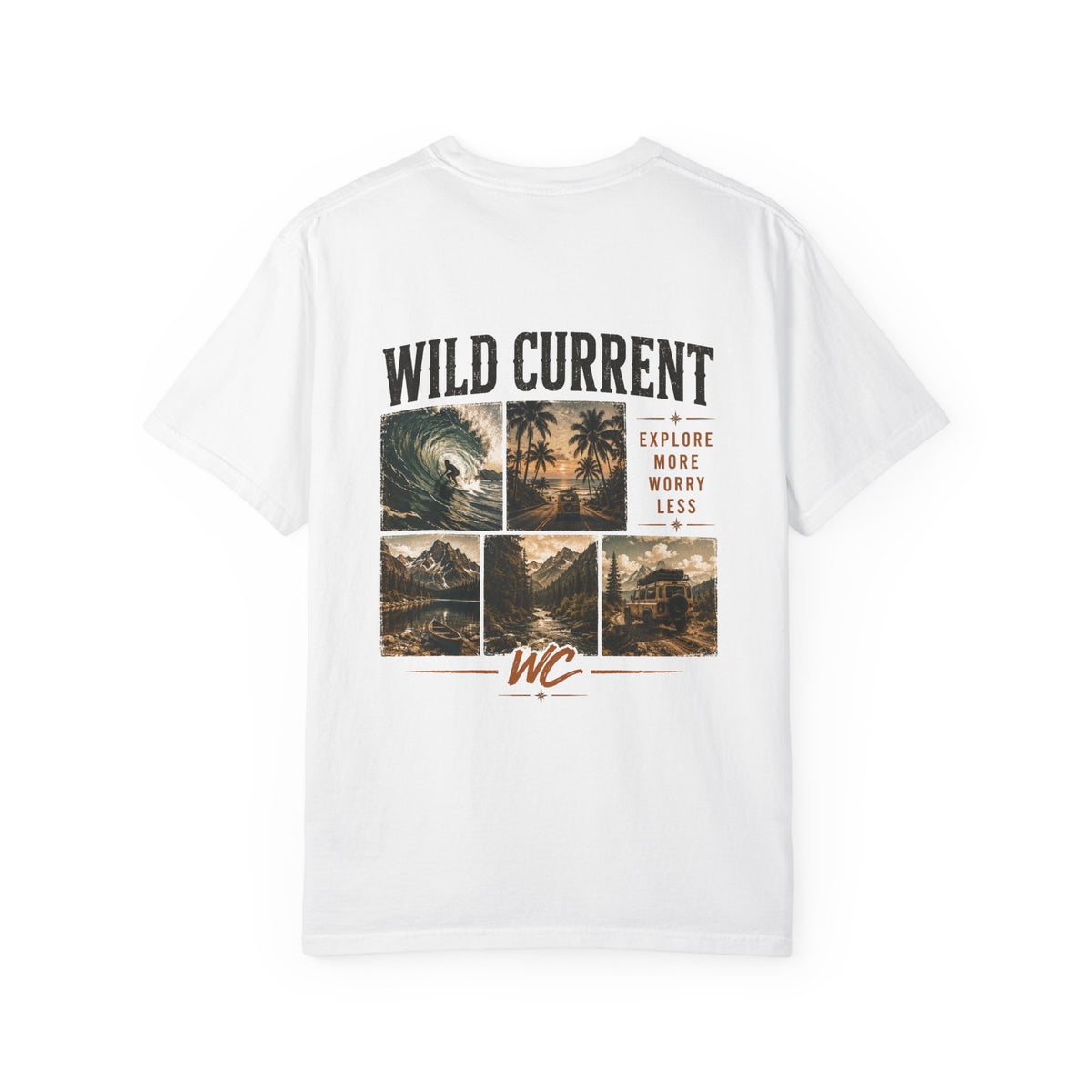Wild Current Surf Vibes T‑Shirt — 'Explore More Worry Less' Graphic Tee