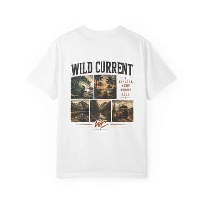 Wild Current Surf Vibes T‑Shirt — 'Explore More Worry Less' Graphic Tee
