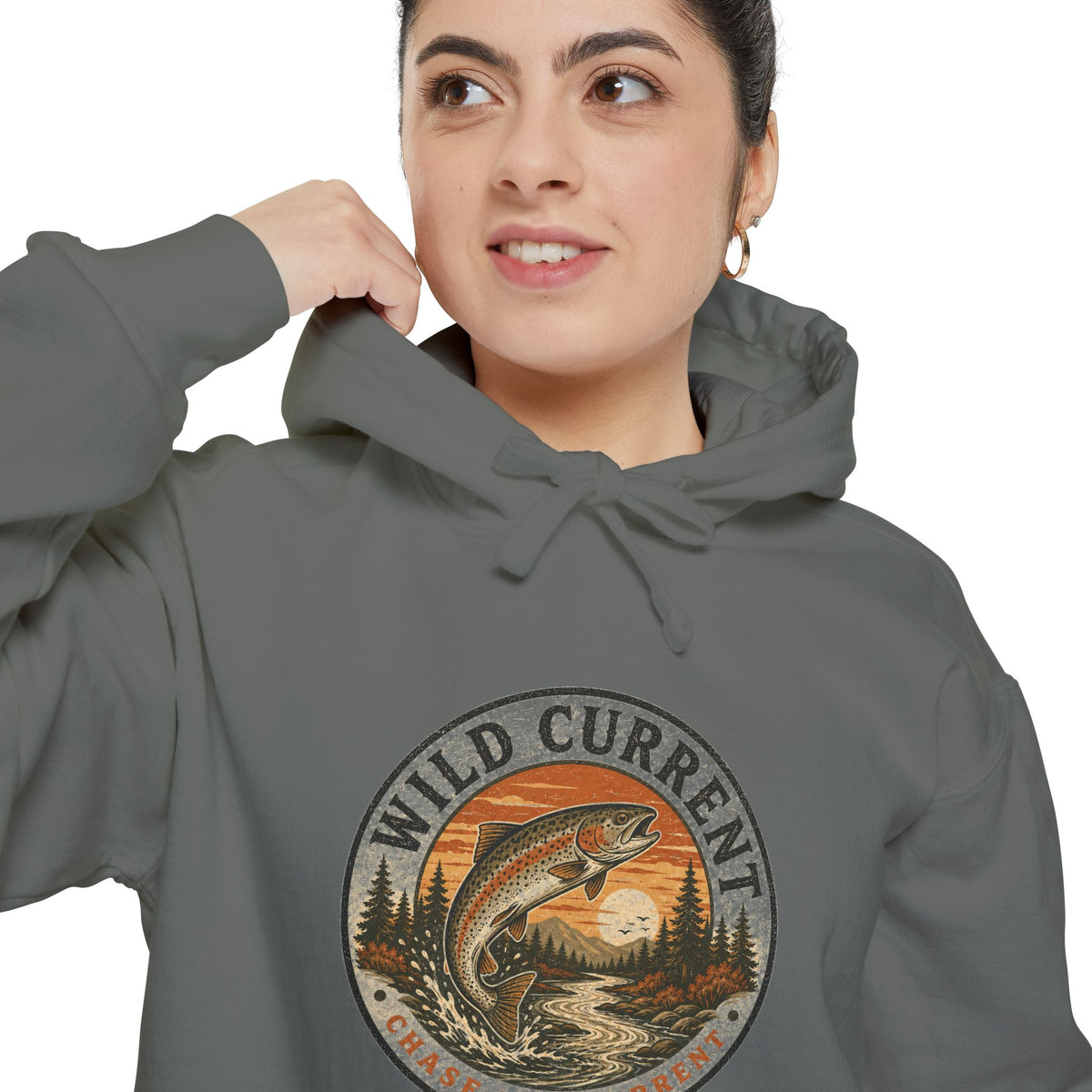 Wild Current Hoodie — Vintage Salmon Fishing Graphic